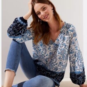 Loft Blue White Bohemian Paisley Long Sleeve Prairie Peasant Tunic Blouse Size M